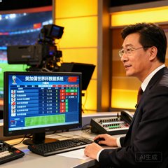 著名解说员刘建宏在演播室使用美加墨世界杯数据系统